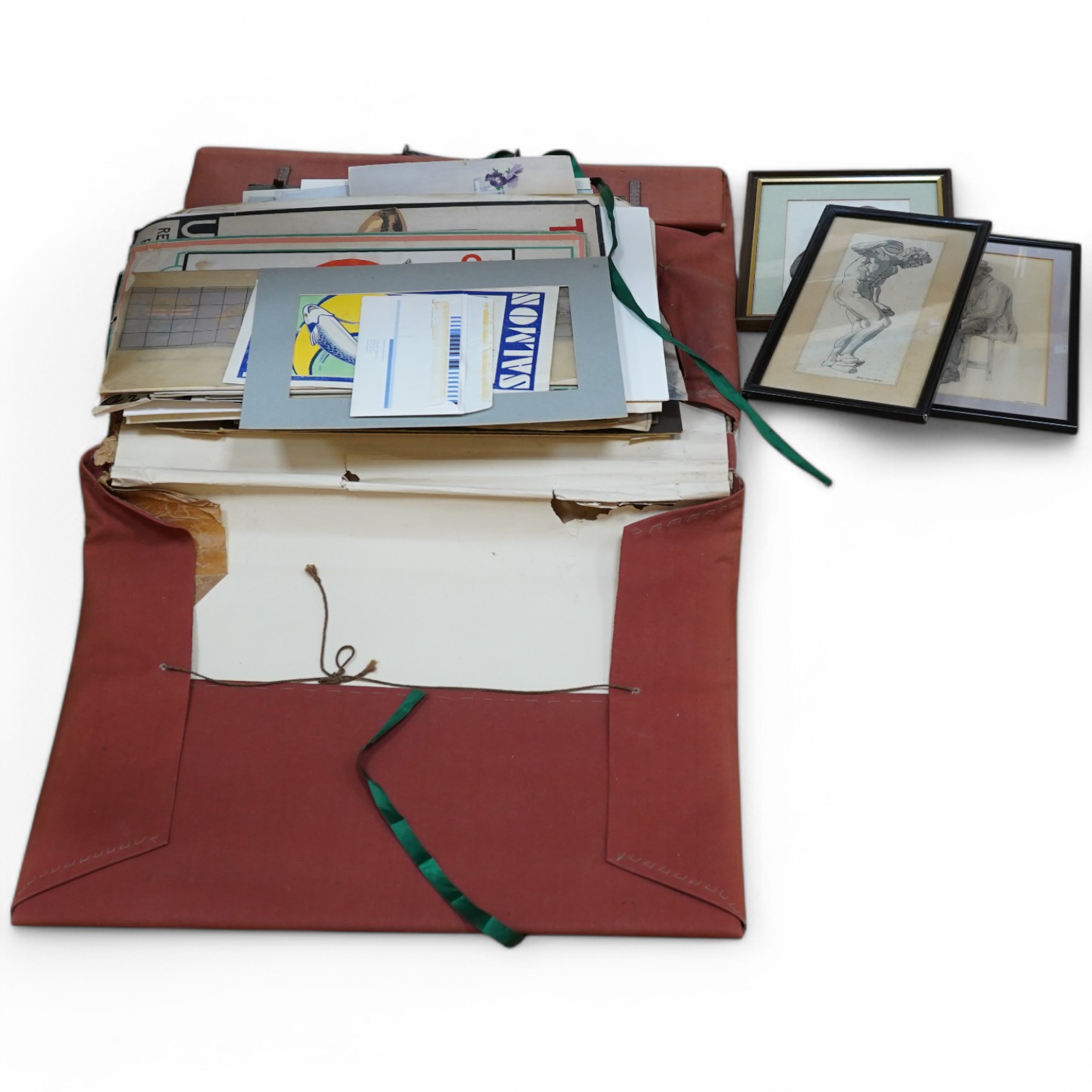 J. Trumble (20th. C), a large folio of watercolours, pencil sketches and oil paintings, to include landscapes and still lifes, together with three framed examples to include a Bloodhound, some signed, largest 45 x 36cm.